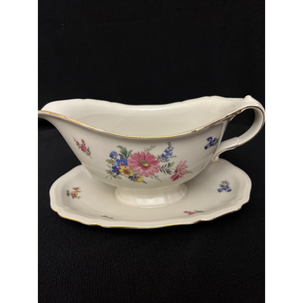 Vintage Johann Haviland Bavaria Germany Gravy Boat Attached Under Plate Floral